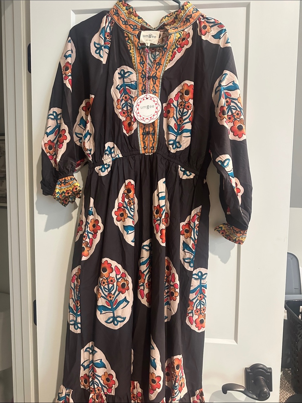 Umgee Black Floral Boho Midi Dress with Multicolor Accents
